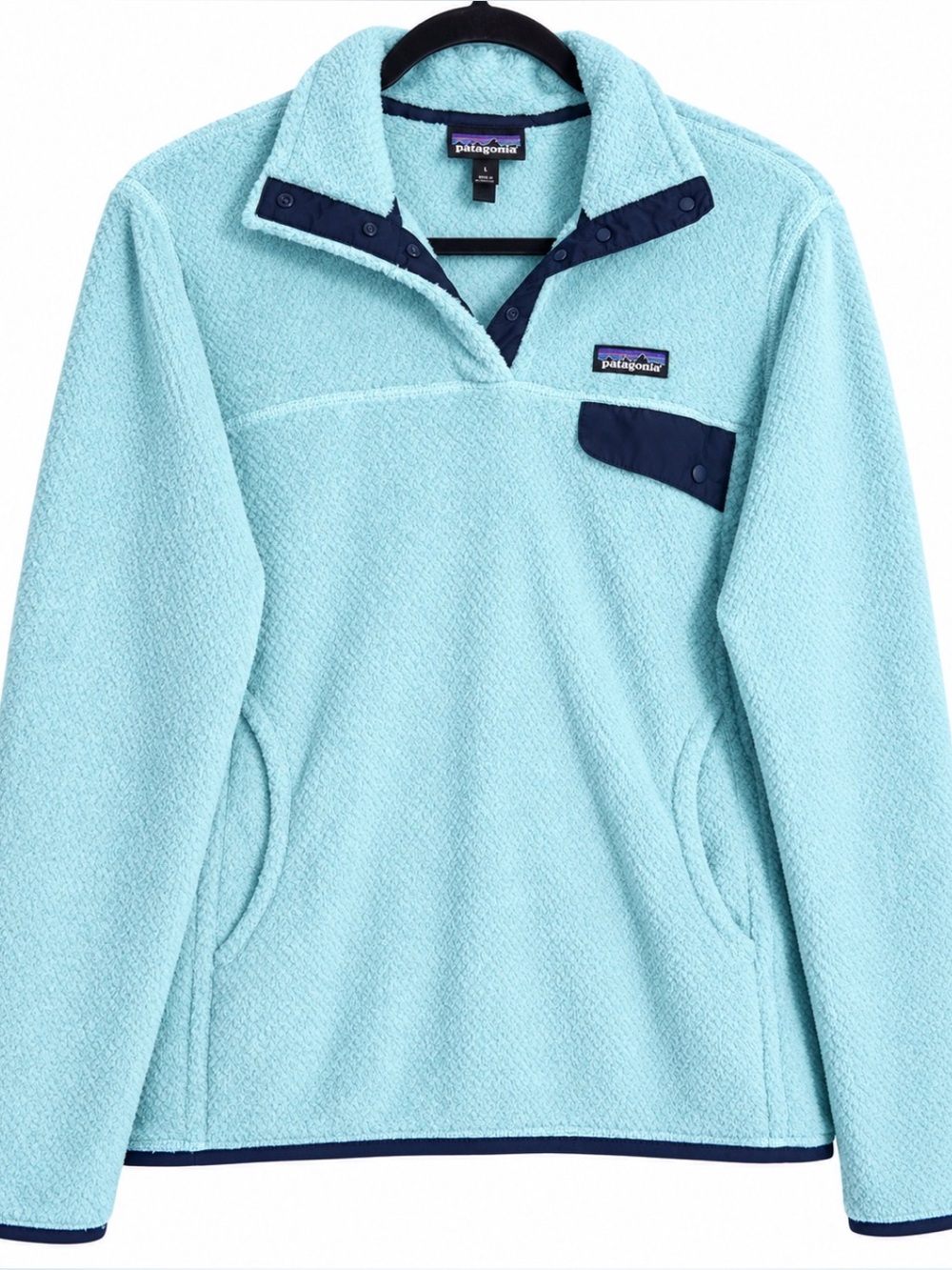 NWOT Patagonia ReTool Light Blue Navy Trim Women's Snap-T Fleece Pullover, M